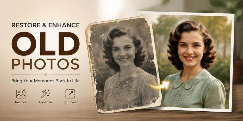 AI restoration of old faded photo with improved quality